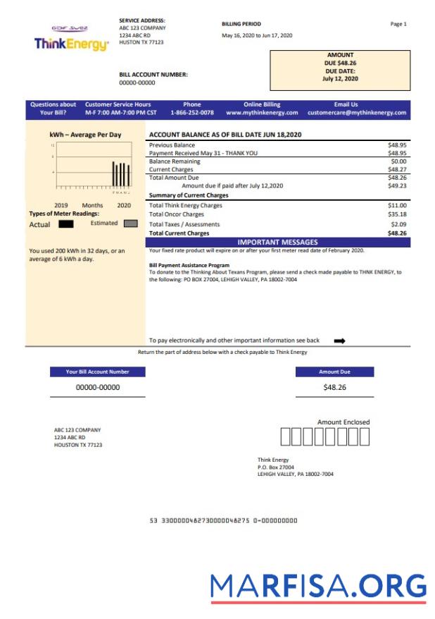 Downloadable USA Think Energy utility bill template in Word and PDF format